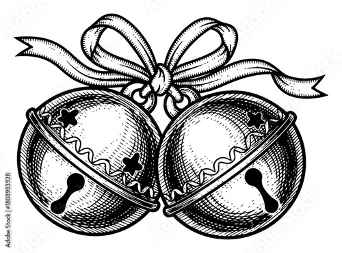 Pair of Decorated Christmas Jingle Bells with Ribbon Bow in Retro Woodcut Style