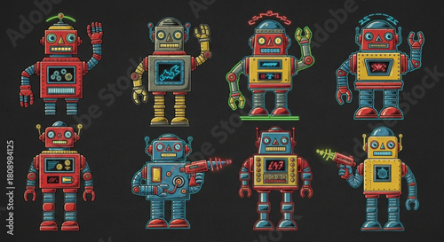 Retro robot character collection vector illustration for science fiction and technology designs and art projects