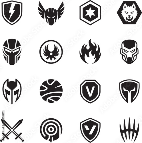 Collection of sixteen black and white graphic icons featuring shields helmets animals and abstract symbols