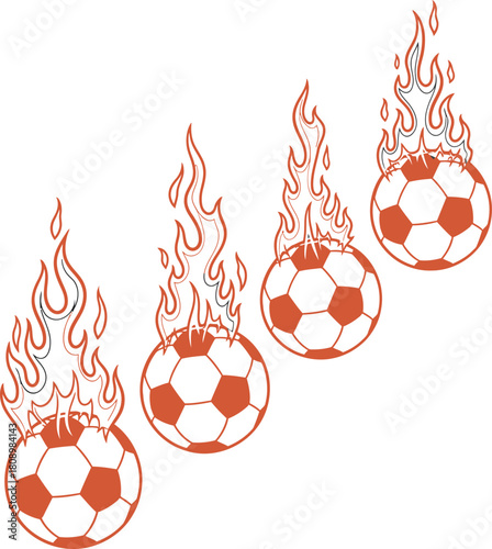 Four fiery soccer balls in a diagonal line with flames rising from them against a white background symbolizing intense competition and passion