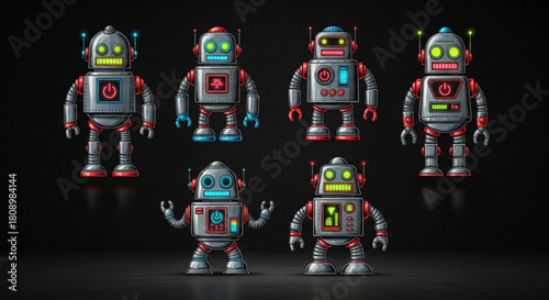 Collection of cute cartoon robots characters vector illustration for ai and machine learning projects