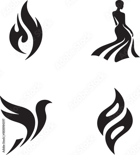 Four minimalist black graphic icons of flame woman and bird on white fire female