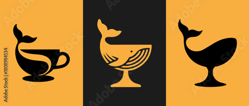 Creative abstract design featuring a whale tail silhouette integrated into a coffee cup and wine glass