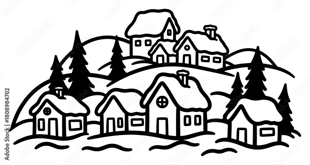 Fototapeta premium Snowy Winter Village Houses on Hill Line Art Vector Illustration