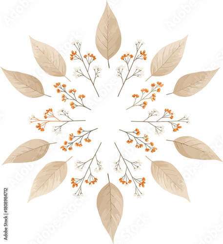 Delicate watercolor mandala design featuring autumnal leaves and berries arranged in a circular pattern on a white background