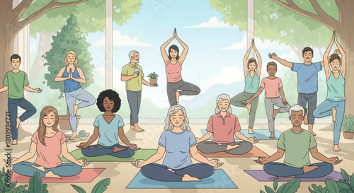 Diverse group yoga class practicing mindfulness and meditation for health and wellness retreat session