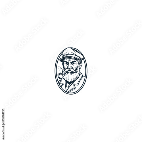 Vintage nautical portrait of a captain with a pipe inside an oval frame