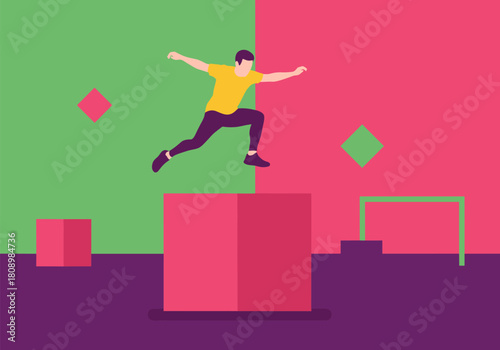 Dynamic athlete leaping over obstacles in vibrant minimalist style