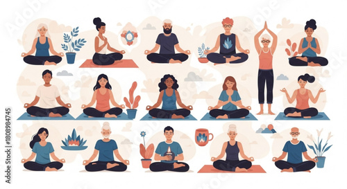 Diverse group practicing yoga and meditation for wellness and relaxation in a peaceful and mindful setting