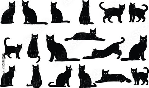Black Cat Silhouette Collection in Various Poses, Walking, Sitting, Stretching, and Lying Down, Domestic Animal Vector Set.