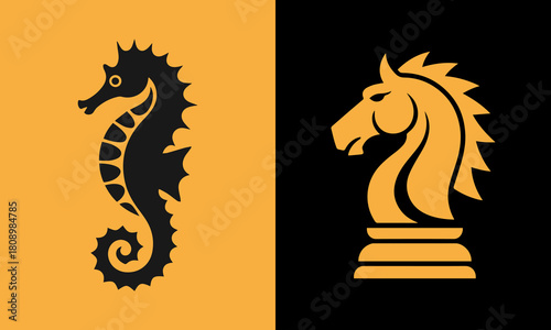 Silhouette of a black seahorse and a golden chess knight against contrasting backgrounds
