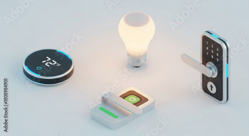 Smart home devices including thermostat light bulb door lock and power hub for automated living tech