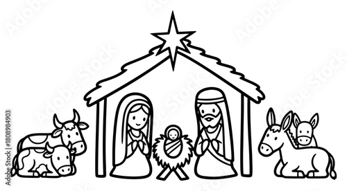 Cute Nativity Scene with Holy Family and Farm Animals in Outline Style