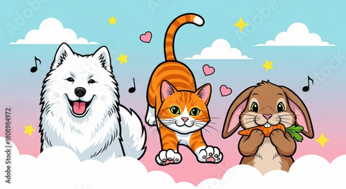Cute cartoon animals dog cat bunny vector illustration for kids and animal lovers design artwork