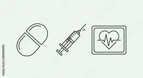 Medical healthcare icons including pill syringe and heart rate monitor for health and wellness design 100