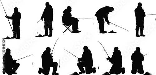 Ice Fishing Silhouette Set of Fishermen in Various Poses, Winter Sport, Leisure Activity Vector Graphic Collection