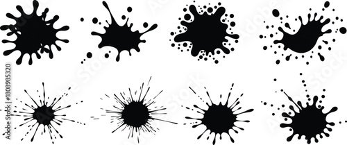 Abstract set of black ink splatters and paint splashes for design isolated on transparent background, Vector