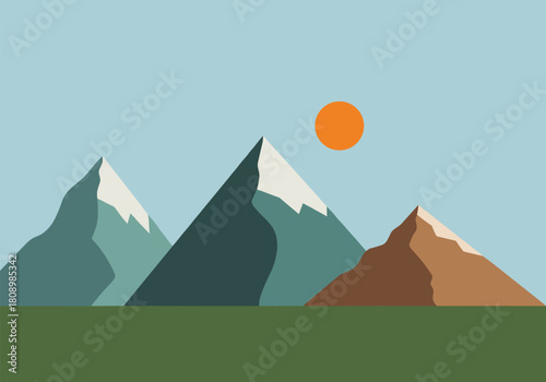 Minimalist mountain landscape with snow-capped peaks and sun