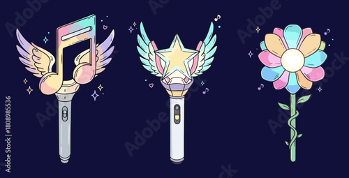 K-Pop Lightstick Set – Colorful Neon Glow Concert Fanlight Collection on Dark Background