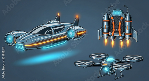 Futuristic vehicles set flying car jetpack drone concept art vector illustration design element asset 100