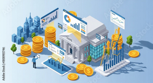 Isometric bank financial investment growth strategy online banking and digital money management concept art