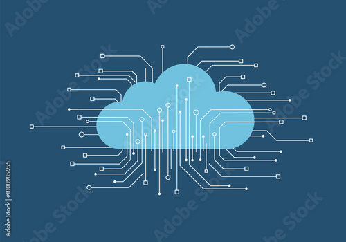 Digital cloud with circuit board connections on blue background