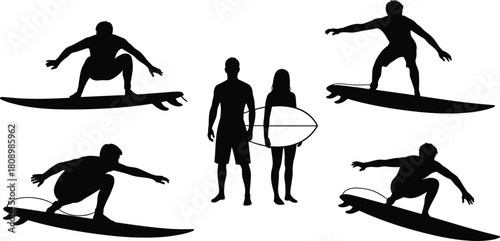 Silhouette surfers riding waves in dynamic poses with surfboards, beach lifestyle, extreme sport, ocean adventure, summer coastal activity scene