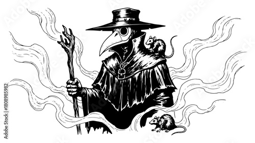 Vintage Plague Doctor Wearing Beak Mask and Holding Staff with Rats