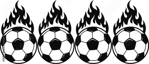 Four dynamic soccer balls with fiery flames erupting from the top creating an energetic and exciting visual representation of the sport