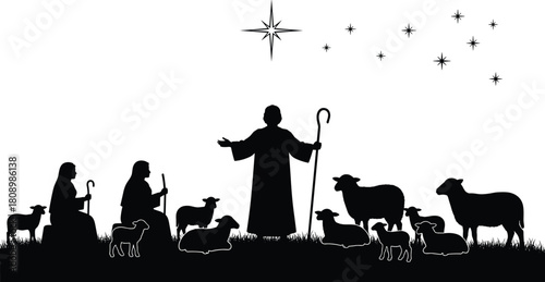 Shepherds and Sheep Nativity Scene Silhouette with Star of Bethlehem and Night Sky, Christmas Holiday Vector Graphic.