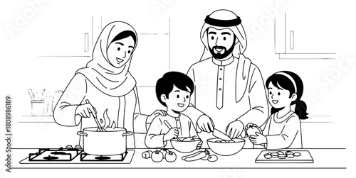 Happy Arab Family Cooking Together in the Kitchen with Children in Outline Style