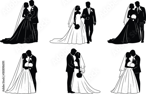 Silhouettes of bride and groom in romantic wedding poses, elegant vector illustrations for love, marriage, and celebration themes.