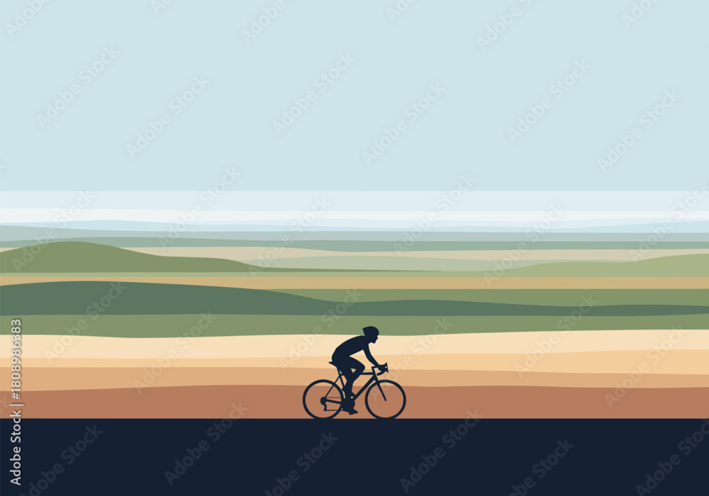 Obraz premium Bicyclist in minimalist landscape with rolling hills in silhouette style