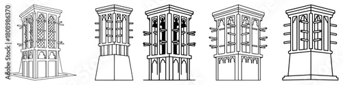 Traditional Wind Tower Or Barjeel Architecture Vector Set In Line Art Style