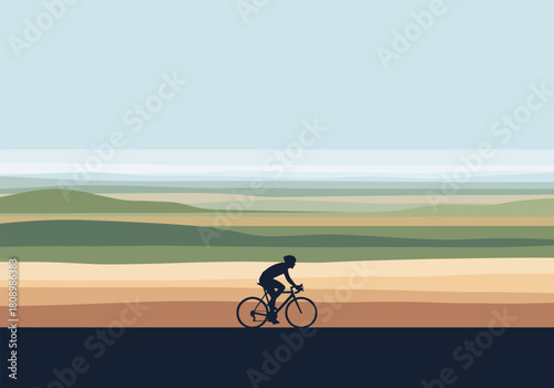 Bicyclist in minimalist landscape with rolling hills in silhouette style