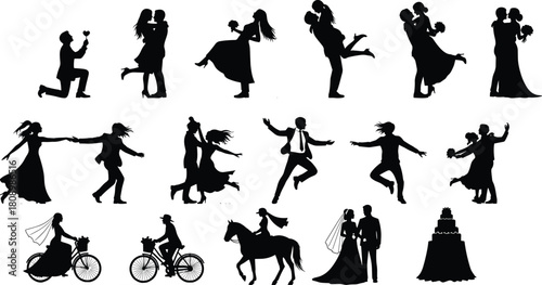 Wedding Couple Silhouette Collection in Romantic and Dancing Poses, Bride and Groom Vector Graphic Elements Set.