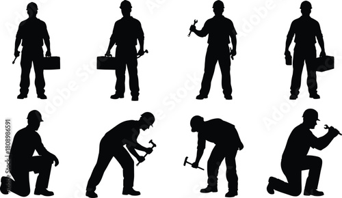 Silhouettes of construction workers in various tool-handling poses wearing hard hats for industrial vector illustration and labor themes.