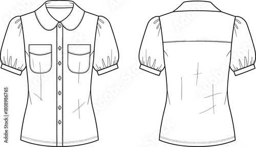 Women's Peter Pan Collar Blouse Technical Fashion Flat Drawing, Puff Sleeve Shirt, Front and Back Vector Template.