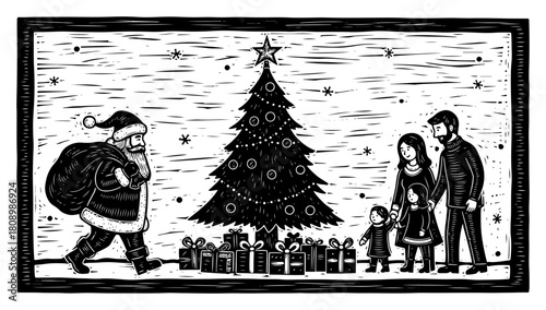 Santa Claus Bringing Gifts to Family at Christmas Tree Vintage Engraving