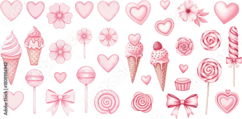A charming collection of sweet pink watercolor illustrations featuring ice cream cones lollipops hearts roses and bows for a delightful design
