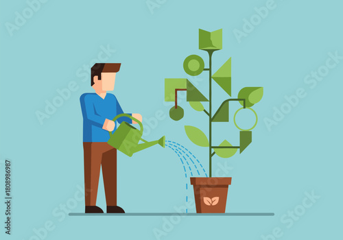Flat design growth concept: person watering geometric plant on blue background