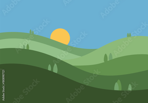 Tranquil abstract landscape with rolling hills and sunrise in vibrant green and blue palette