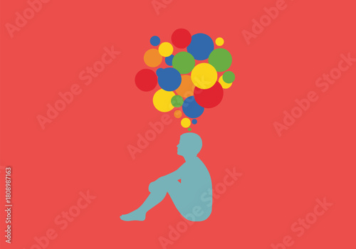 Silhouette of person with colorful thought bubbles on red background