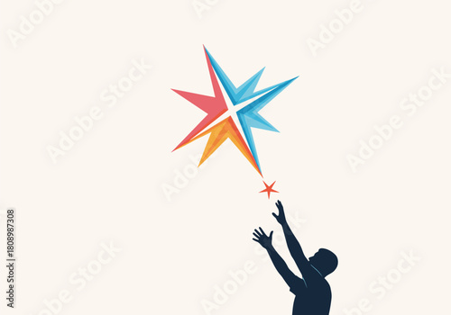 Silhouette person reaching for colorful geometric stars in minimalist design