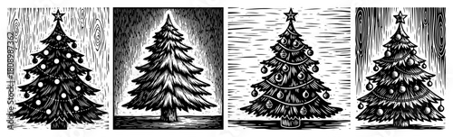 Set of Four Vintage Christmas Tree Illustrations in Woodcut and Linocut Style