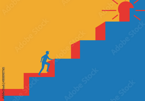 Journey to success concept with person climbing stairs towards sun in minimalist art