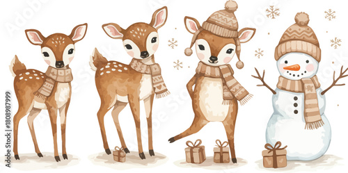 Charming watercolor illustration of three adorable fawns and a friendly snowman wearing knitted scarves and hats in a snowy winter forest scene