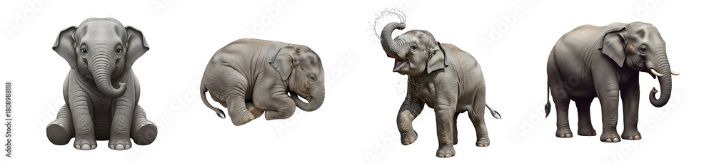Fototapeta premium Four elephants in different poses showcasing their size and form on a plain backdrop view on transparent background