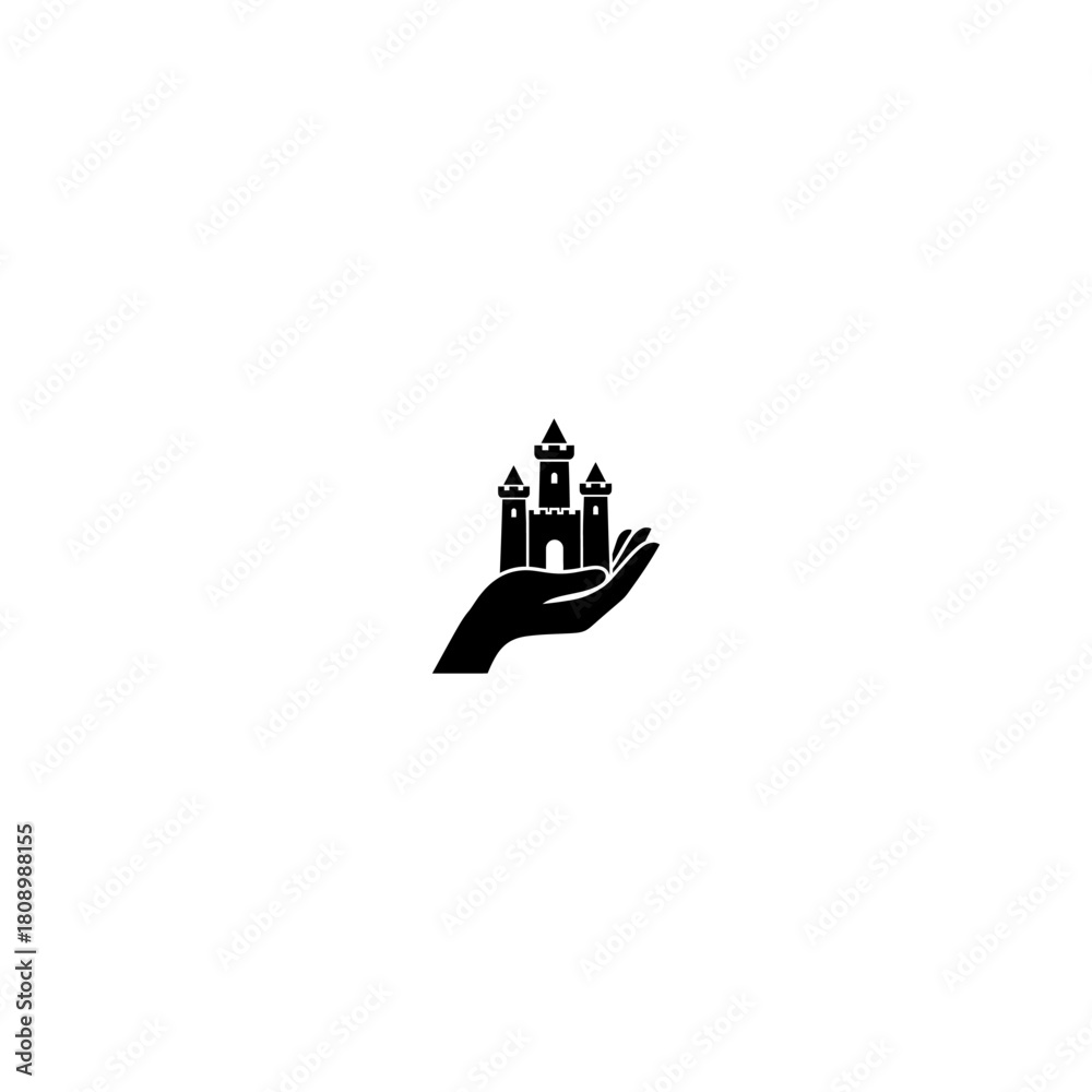 Obraz premium Black silhouette hand holding castle icon on white background