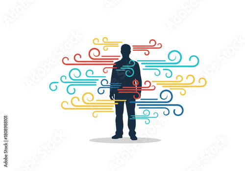 Silhouette of a man surrounded by colorful swirling lines on white background